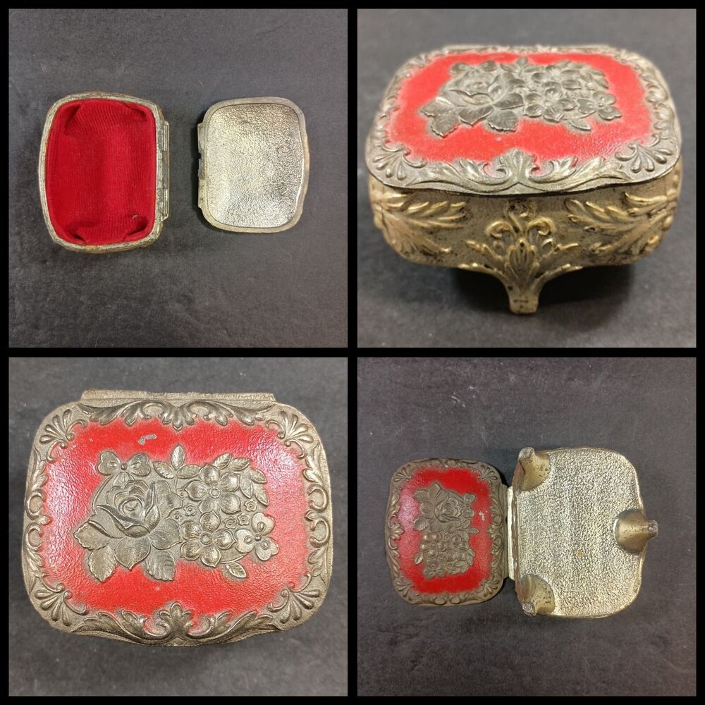 Vintage Japan Metal Rose Flower Jewelry Pill Box Trinket Ring Velvet Lining 3"